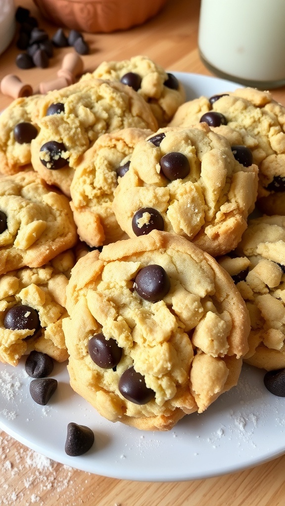 Delicious Crumble Cookies Recipe A plate of golden crumble cookies with chocolate chips, garnished with scattered chocolate chips.